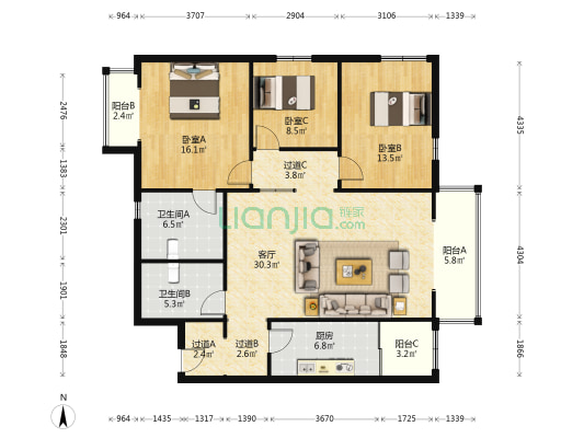 天沽公寓 3室1厅2卫 138平方