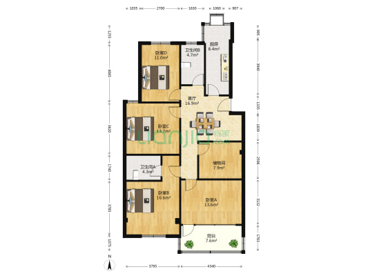 茶港军转小区 4室1厅2卫 119平方