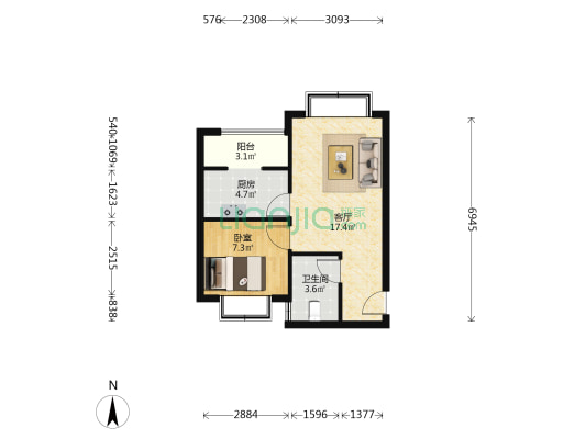 荆竹小区9号院 1室1厅1卫 47平方