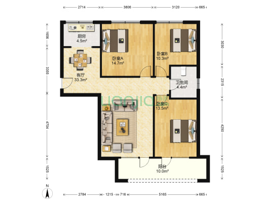 德泰时代广场 3室1厅1卫 119平方