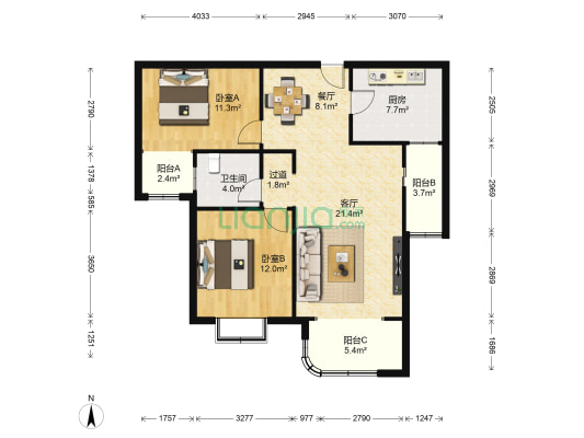 颐景园 2室2厅1卫 112平方