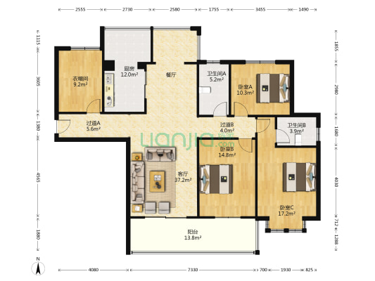 蓝柏湾 3室1厅2卫 137平方
