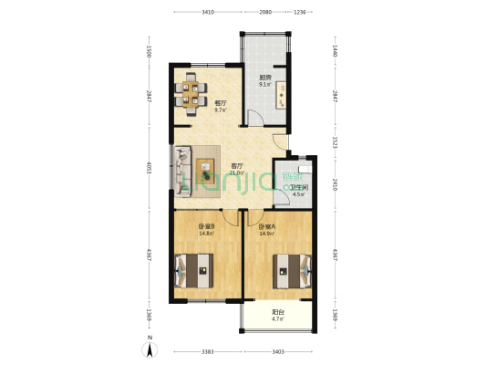 北岭山花园 2室2厅1卫 96平方