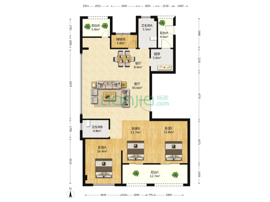 天元府A区 3室2厅2卫 164平方