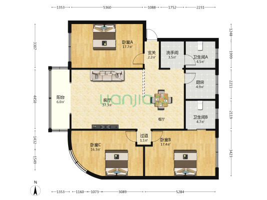 华新中街204号 3室1厅3卫 136平方