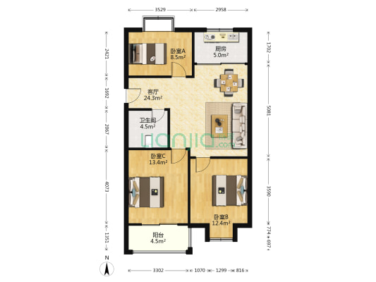 环城北路18-1号 3室1厅1卫 87平方