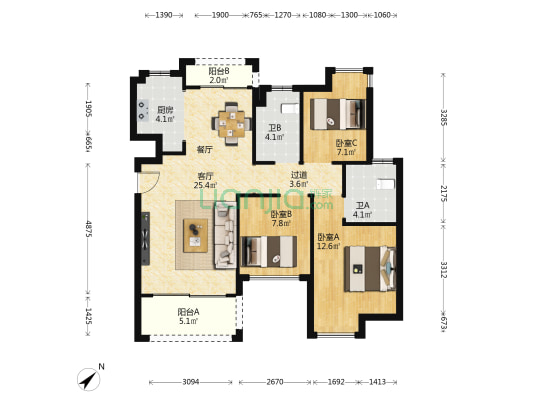 华发依山郡一期 3室1厅2卫 92平方