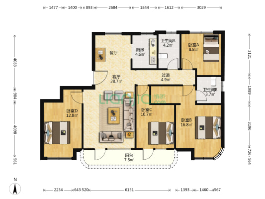 大有世家仁和家园 4室1厅2卫 142平方