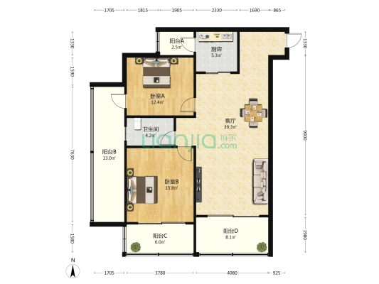 蓝色海岸 2室1厅1卫 118平方
