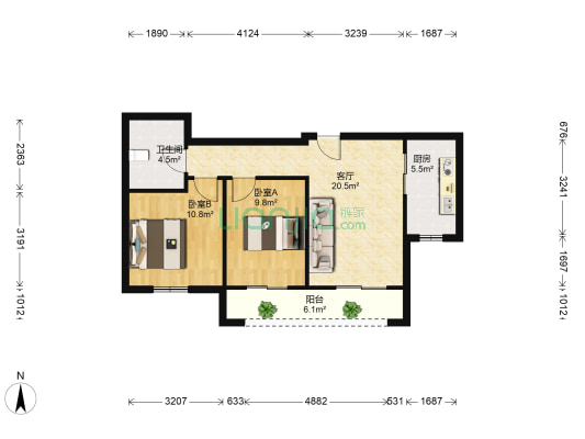 龙湖蓝湖公馆北区 2室1厅1卫 76平方