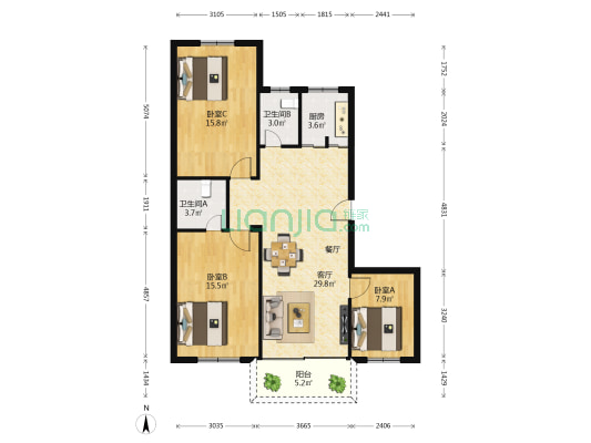 松柏公寓 3室1厅2卫 107平方