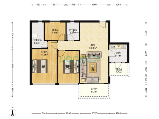 誉港湾花园 3室1厅2卫 105平方