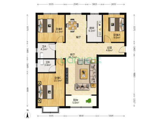 恒实御景华庭 3室1厅2卫 132平方
