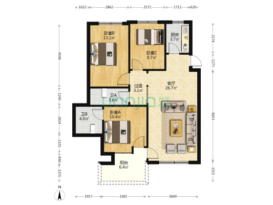 宝海公寓 3室1厅2卫 96平方