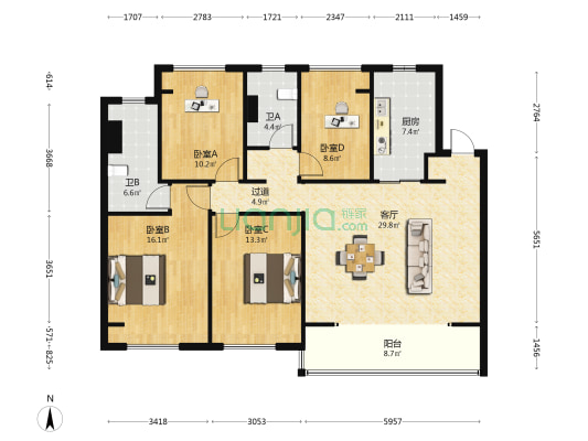 逸品澜岸花苑东区 4室1厅2卫 126平方