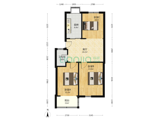 育才路1号 3室1厅1卫 74平方