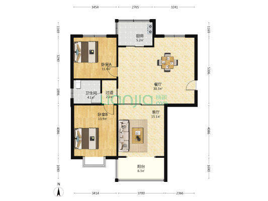 汉德·如意府 2室2厅1卫 114平方