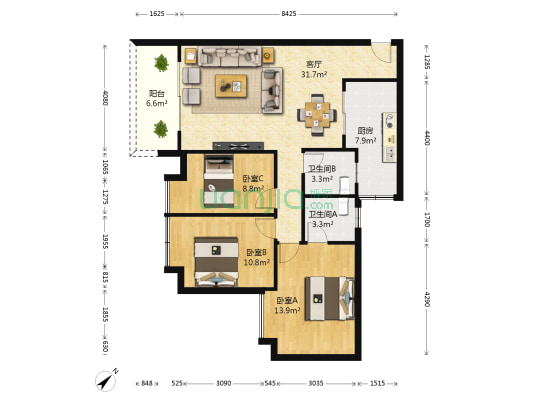 华荟南景园 3室1厅2卫 101平方