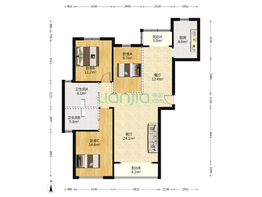 建华南里龙泽悦府 3室2厅2卫 132平方
