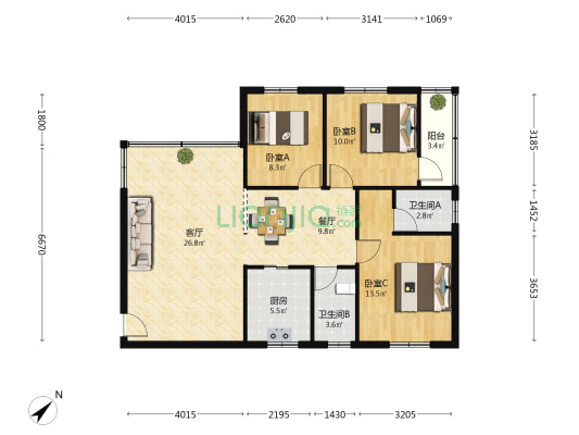 星海苑 3室2厅2卫 96平方