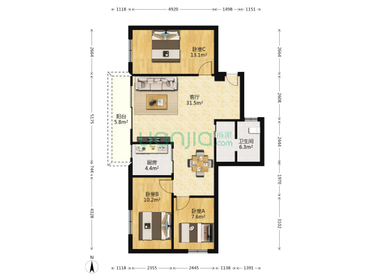 半球综合楼 3室1厅1卫 87平方