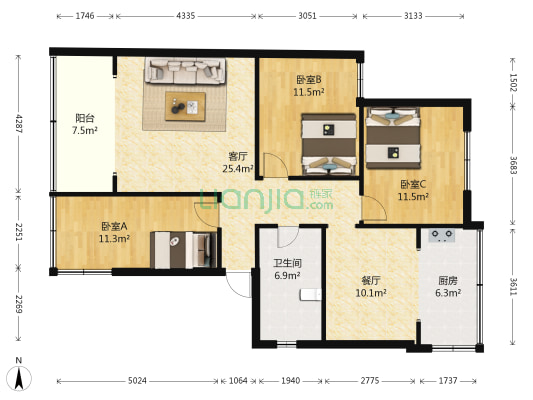 农行昆明市护国支行如安苑宿舍 3室2厅1卫 90平方