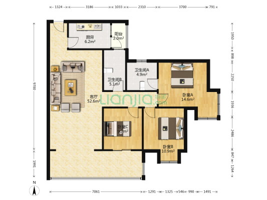 金领大厦 3室1厅2卫 138平方