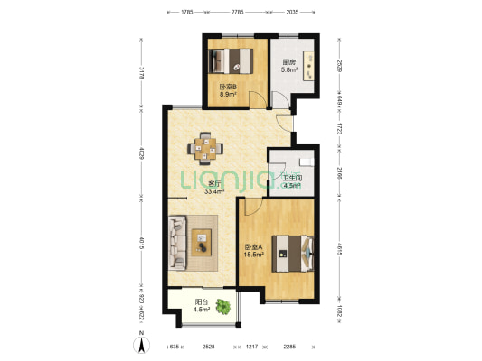开源公寓 2室1厅1卫 86平方