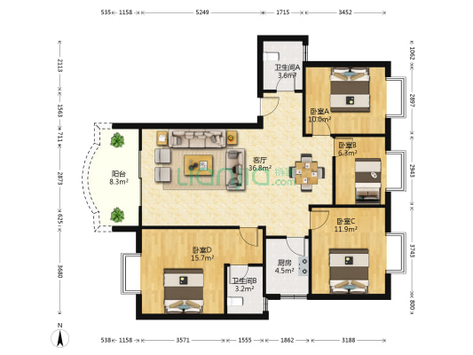 金沙海岸 4室1厅2卫 127平方