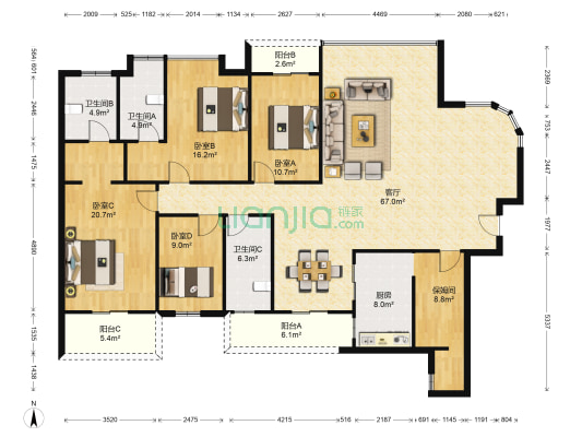 东湖花园八号小区 4室1厅3卫 216平方