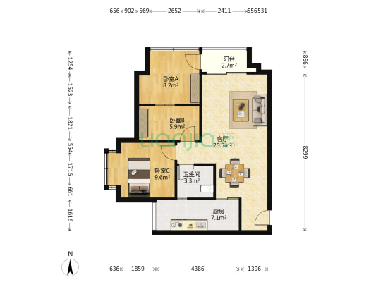 正规两房+精装修+生活便利+轻轨5号线+2015年小区-户型图