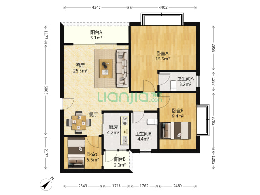 翠山庭苑 3室1厅2卫 92平方