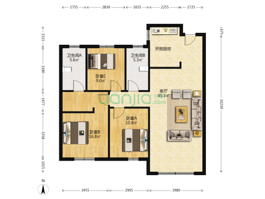 融创融园 3室1厅2卫 136平方