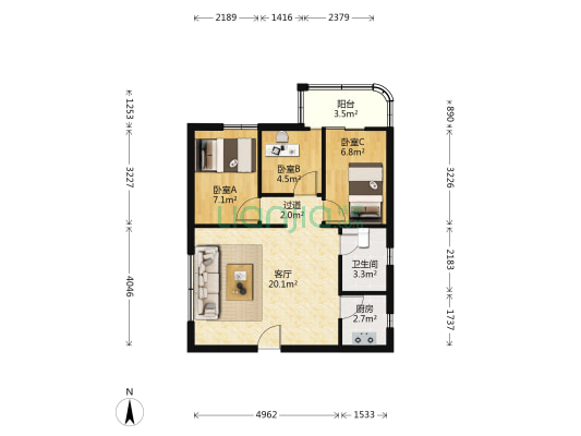 中华花园 3室1厅1卫 71平方