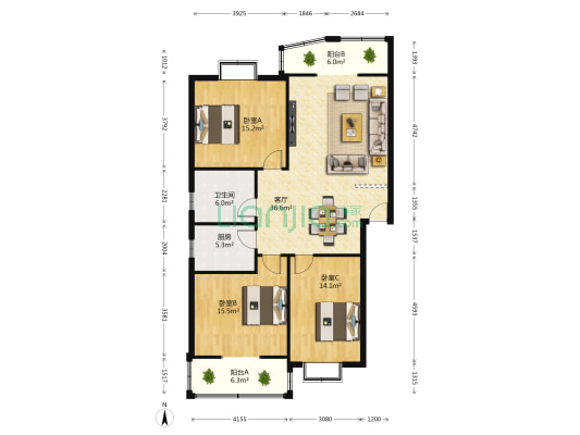 中盛花园 3室1厅1卫 127平方