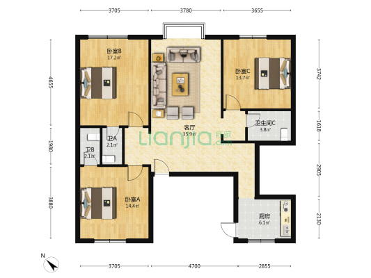 幸福小区 3室1厅3卫 133平方