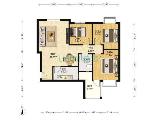 公园壹品 3室1厅1卫 88平方
