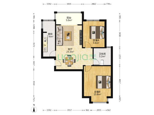 金色花语城 2室1厅1卫 84平方