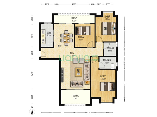 渐美花苑 3室1厅2卫 125平方