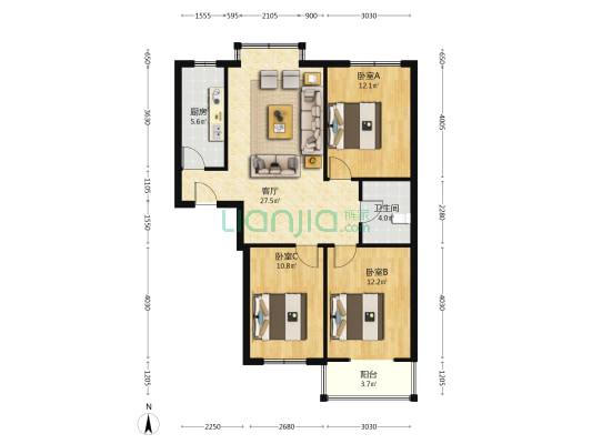 精装三室，视野宽阔，中间层全天采光房本满五唯一-户型图