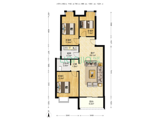 上峰景城 3室1厅1卫 85平方