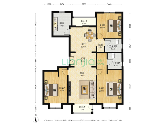 万德福广场 3室2厅2卫 149平方
