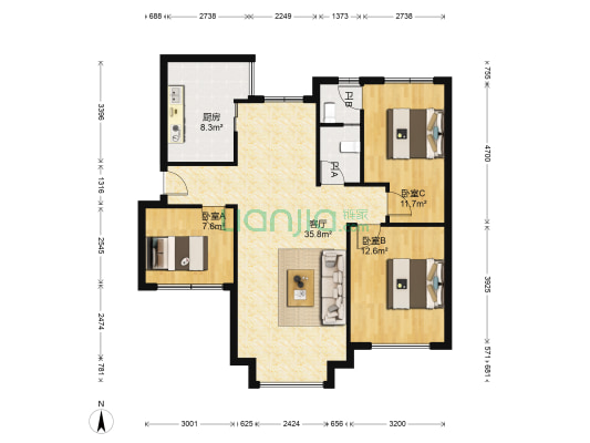 坤耀云庭 3室1厅2卫 87平方