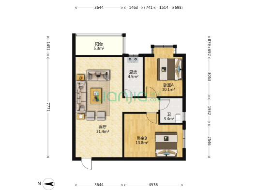 圣来领寓 2室1厅1卫 87平方