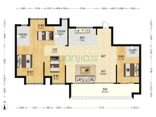 保利锦上 4室1厅3卫 142平方