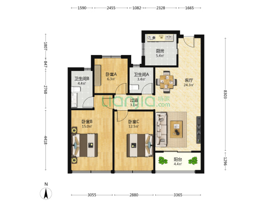 滨江运翠轩 3室1厅2卫 101平方