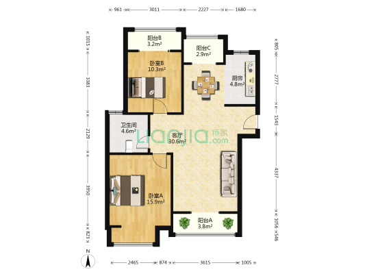 润德·塞维阳光 2室1厅1卫 90平方
