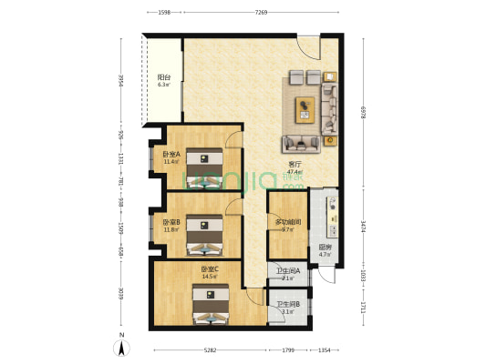 6号小区 4室1厅2卫 121平方