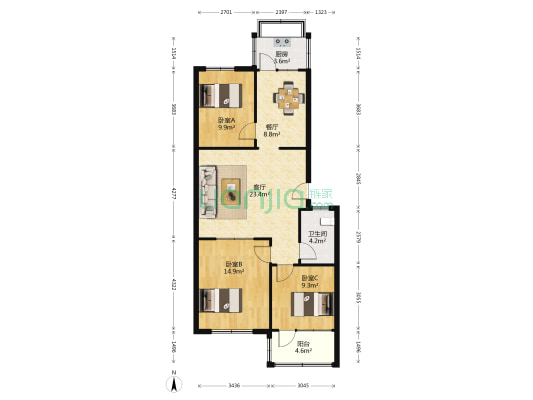 樱桃园小区 3室2厅1卫 85平方