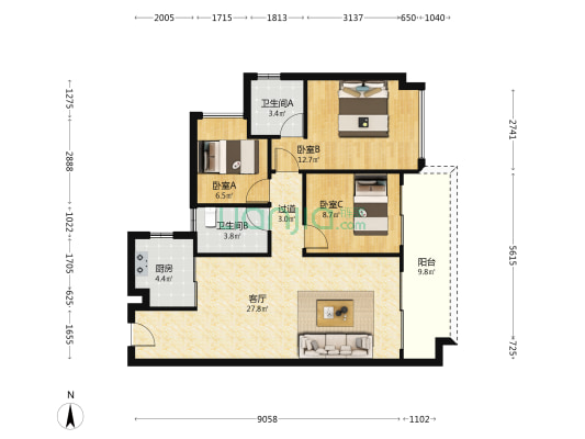 碧桂园伴山云境花园 3室1厅2卫 98平方